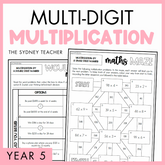 Cover of a educational product titled 'MULTI-DIGIT MULTIPLICATION' by The Sydney Teacher, indicating it's designed for Year 5 students with a maths maze and worked examples.