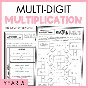 Cover of a educational product titled 'MULTI-DIGIT MULTIPLICATION' by The Sydney Teacher, indicating it's designed for Year 5 students with a maths maze and worked examples.