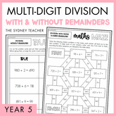 Cover of a educational product titled 'Multi-digit Division With and Without Remainders' for Year 5, by The Sydney Teacher featuring sample True or False worksheet on division without remainders and a maths maze activity.