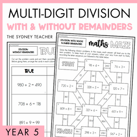 Cover of a educational product titled 'Multi-digit Division With and Without Remainders' for Year 5, by The Sydney Teacher featuring sample True or False worksheet on division without remainders and a maths maze activity.