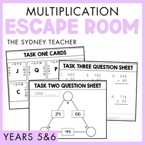 Educational materials for a multiplication escape room activity for Years 5&6 by The Sydney Teacher, including task cards and question sheets, on a light purple background.
