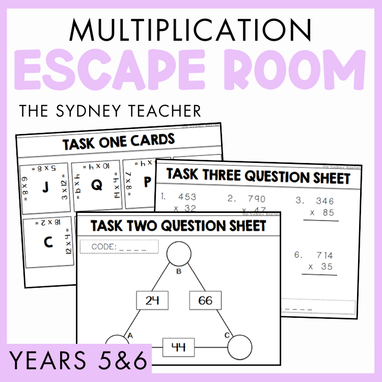 Educational materials for a multiplication escape room activity for Years 5&6 by The Sydney Teacher, including task cards and question sheets, on a light purple background.