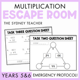 Multiplication escape room by The Sydney Teacher for Years 5&6 showing task sheets with a purple border and text that reads 'Emergency Protocol!'.