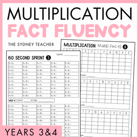 Multiplication fact fluency pack by The Sydney Teacher with 60 Second Sprint and Multiplication Mixed facts worksheets with a pink border and text 'Years 3&4' below.
