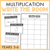 Multiplication Write the Room for Years 3-6 by the Sydney Teacher featuring multplication task cards with answer sheet on a yellow border.