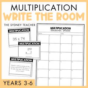 Multiplication Write the Room for Years 3-6 by the Sydney Teacher featuring multplication task cards with answer sheet on a yellow border.