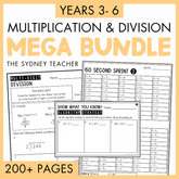 Educational resource for multiplication and division mega bundle by The Sydney Teacher for Years 3-6 with multiple worksheets such as Multi-digit Division, 60 Second Sprint, and Show What You Know! Algorithm strategy on a yellow background. Below is a banner with text '200+ pages'. 