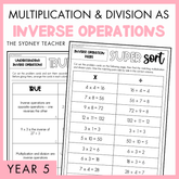 Cover of a educational product titled 'Multiplication and Division as Inverse Operations' for Year 5, by The Sydney Teacher featuring sample True or False worksheet on equations and a maths super sort activity.