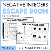 Negative Integers Escape Room Activity by The Sydney Teacher with two overlapping puzzle sheets on a blue background. Below is a blue banner with 'Year 6 text' and beside, the text reads, 'Toy Maker Rescue'.