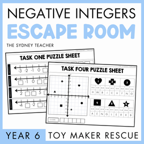 Negative Integers Escape Room Activity by The Sydney Teacher with two overlapping puzzle sheets on a blue background. Below is a blue banner with 'Year 6 text' and beside, the text reads, 'Toy Maker Rescue'.