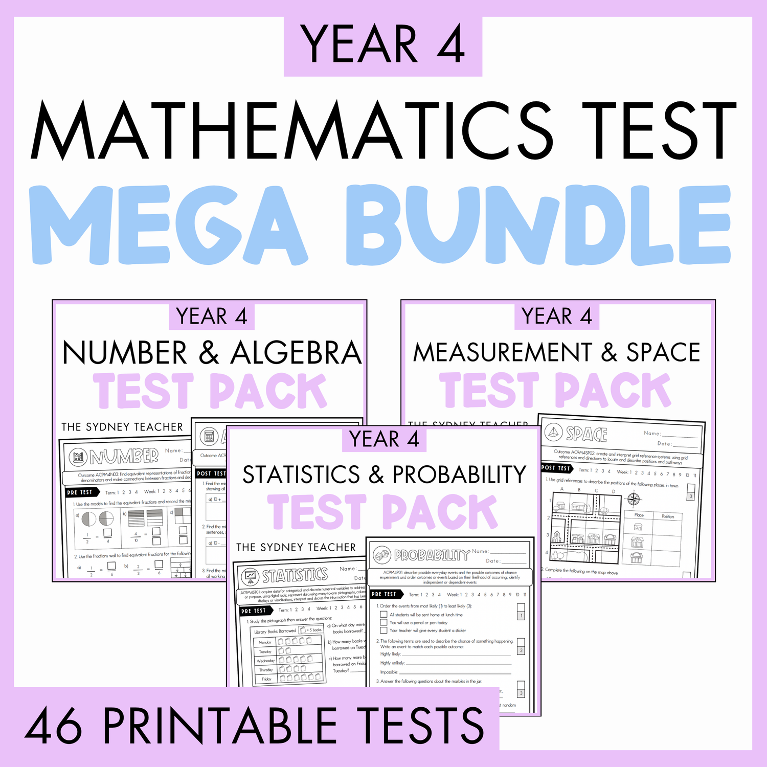 Year 4 Maths Printable Test Pack FULL YEAR - Australian Curriculum V9.0 ...