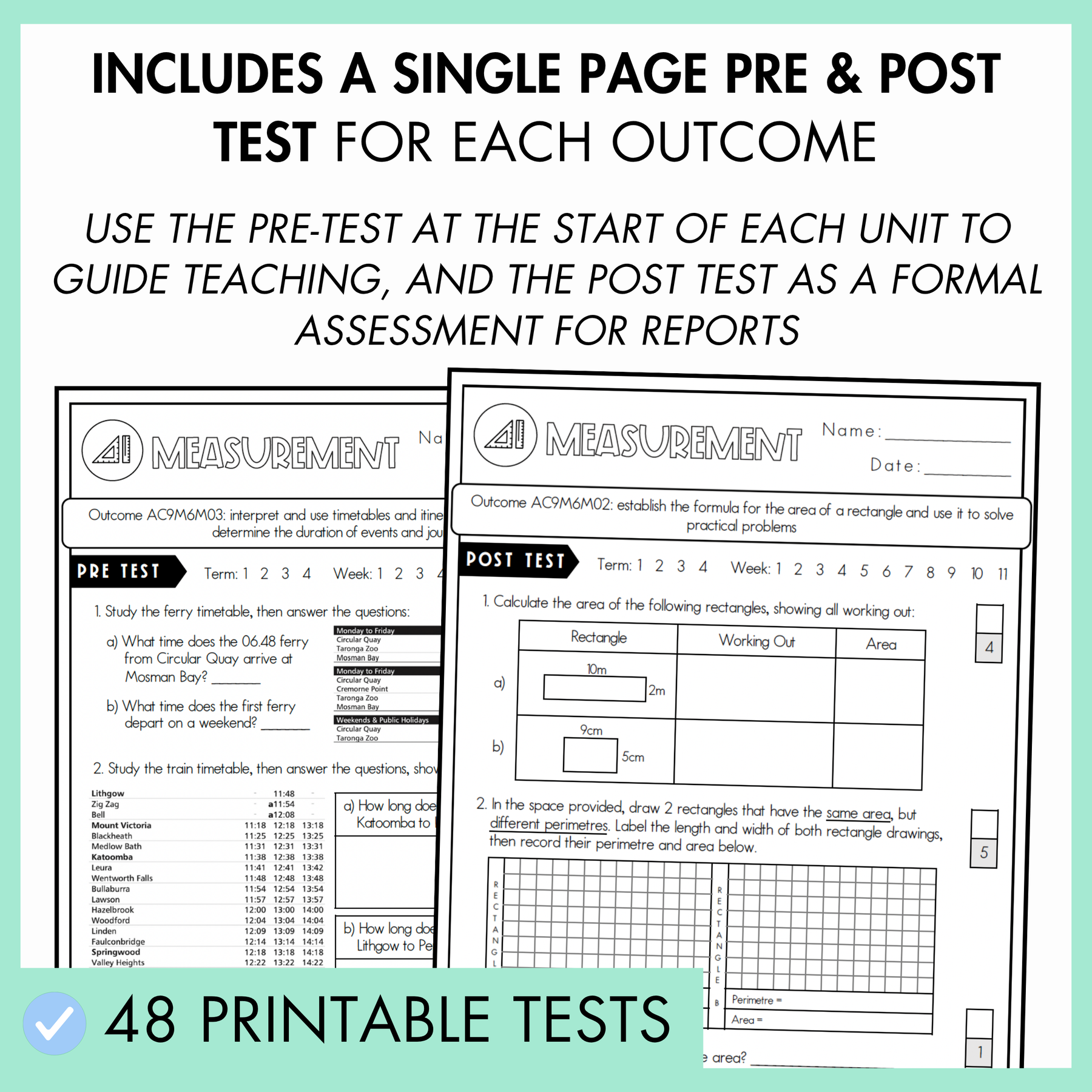 Year 6 measurement and Show What You Know worksheets with text reading "Assess before, during and after learning with ease."
