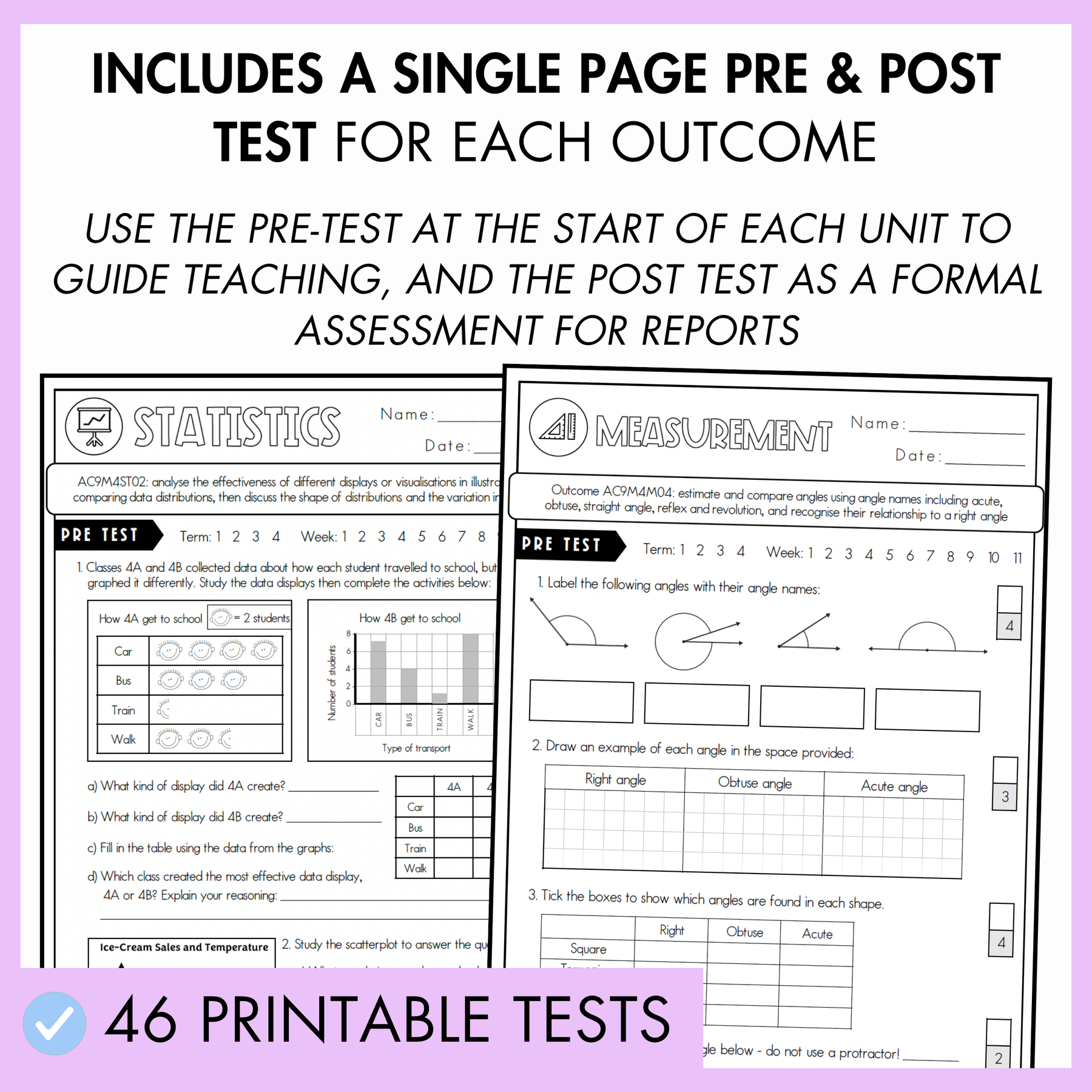 Year 4 maths assessment worksheets with text reading "Assess before, during and after learning with ease."