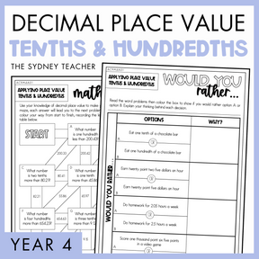 Year 4 Number & Algebra Pack: Decimal Place Value to Tenths & Hundredths (AC9M4N01)