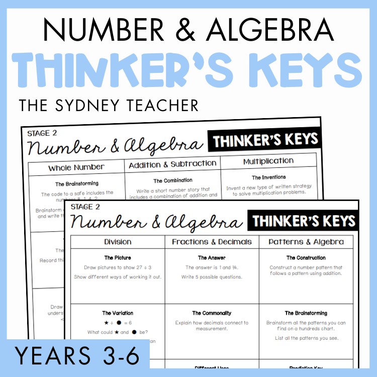 Educational resource titled 'Number & Algebra Thinker's Keys' by The Sydney Teacher, designed for years 3-6. It features two overlapping number and algebra thinker's keys.