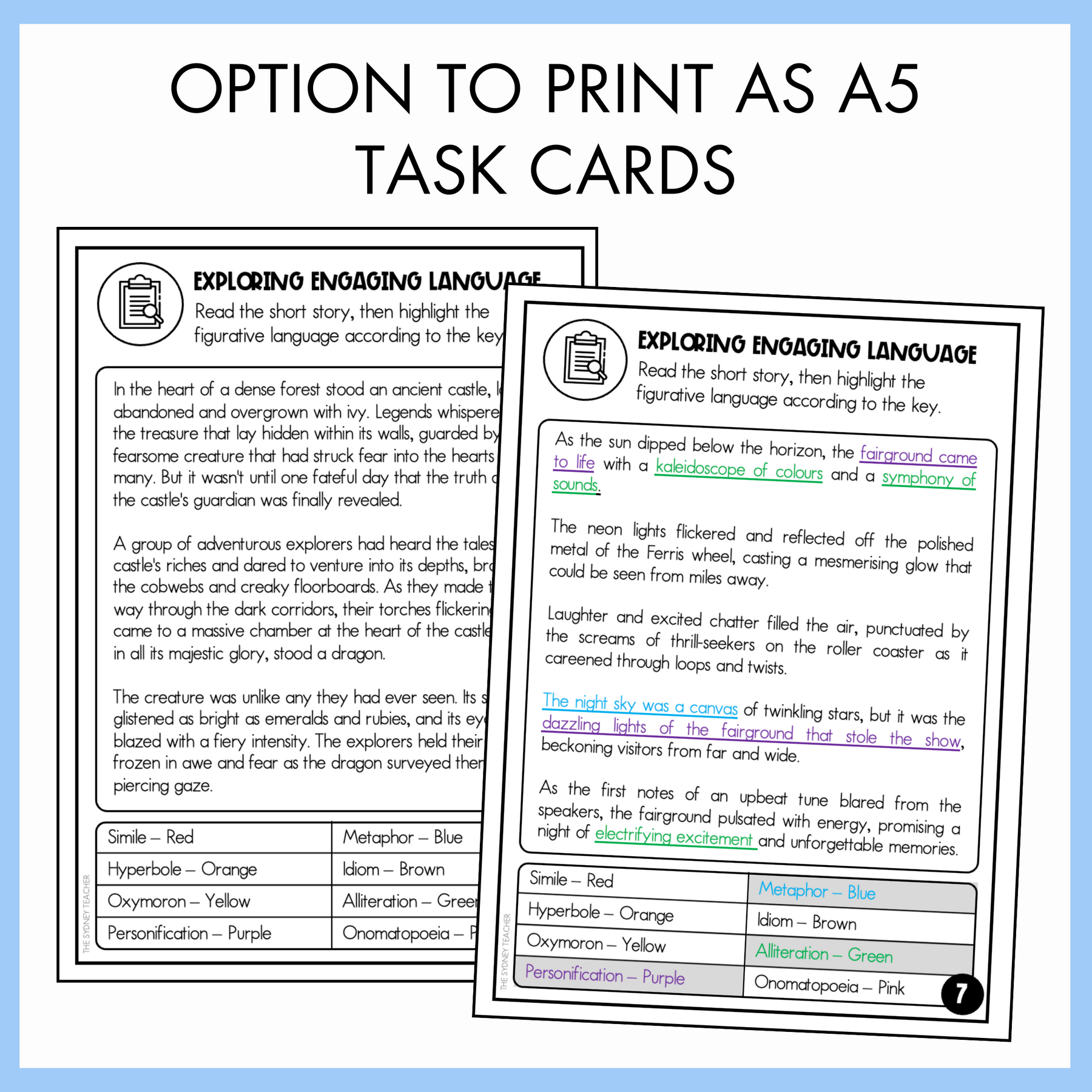 Two A5 task cards with text and color-coded figurative language examples on a white background with text 'Option to Print as A5 Task Cards'.