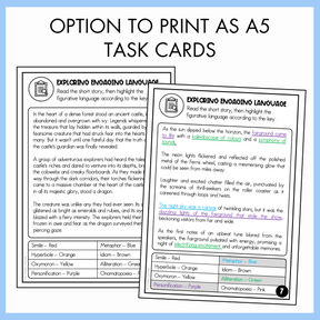 Two A5 task cards with text and color-coded figurative language examples on a white background with text 'Option to Print as A5 Task Cards'.