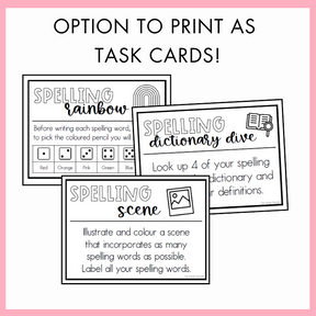 Spelling task cards with activities titled 'spelling rainbow', 'spelling dictionary dive', and 'spelling scene' with text 'option to print as task cards!' on a pink background.