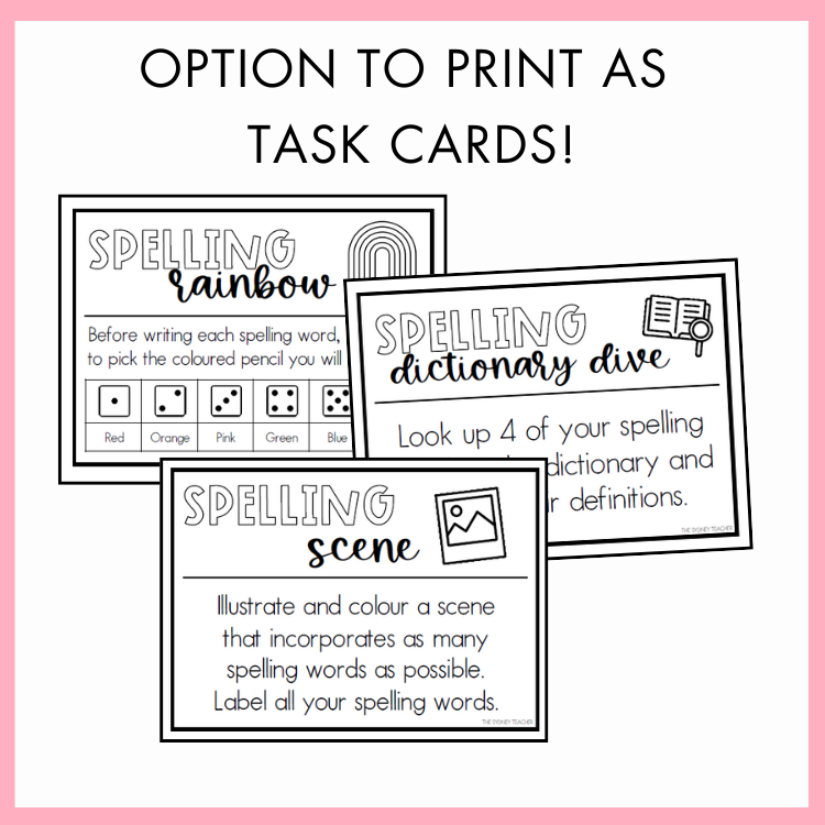 Spelling task cards with activities titled 'spelling rainbow', 'spelling dictionary dive', and 'spelling scene' with text 'option to print as task cards!' on a pink background.