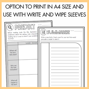 Two educational worksheets titled 'predict' and 'summarise' on a yellow background with text 'option to print in A4 size and use with write and wipe sleeves'.