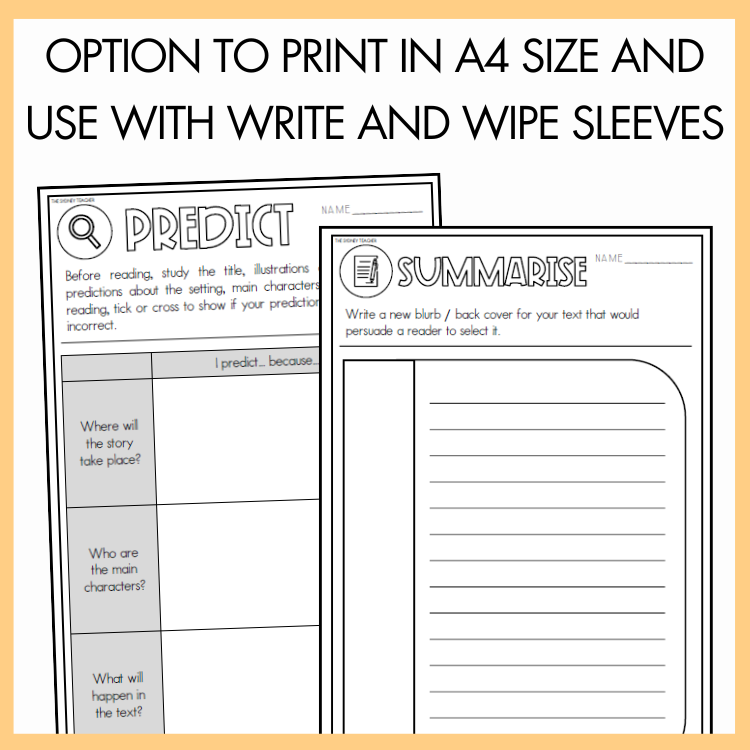 Two educational worksheets titled 'predict' and 'summarise' on a yellow background with text 'option to print in A4 size and use with write and wipe sleeves'.