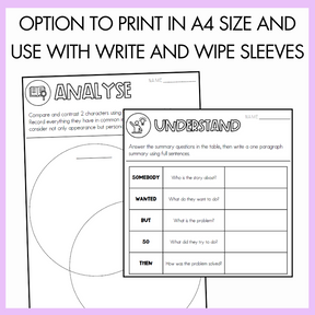 Educational worksheets titled 'analyse' and 'understand' and diagrams with text on top that reads 'Option to print in A4 size and use with write and wipe sleeves' on a light purple background.
