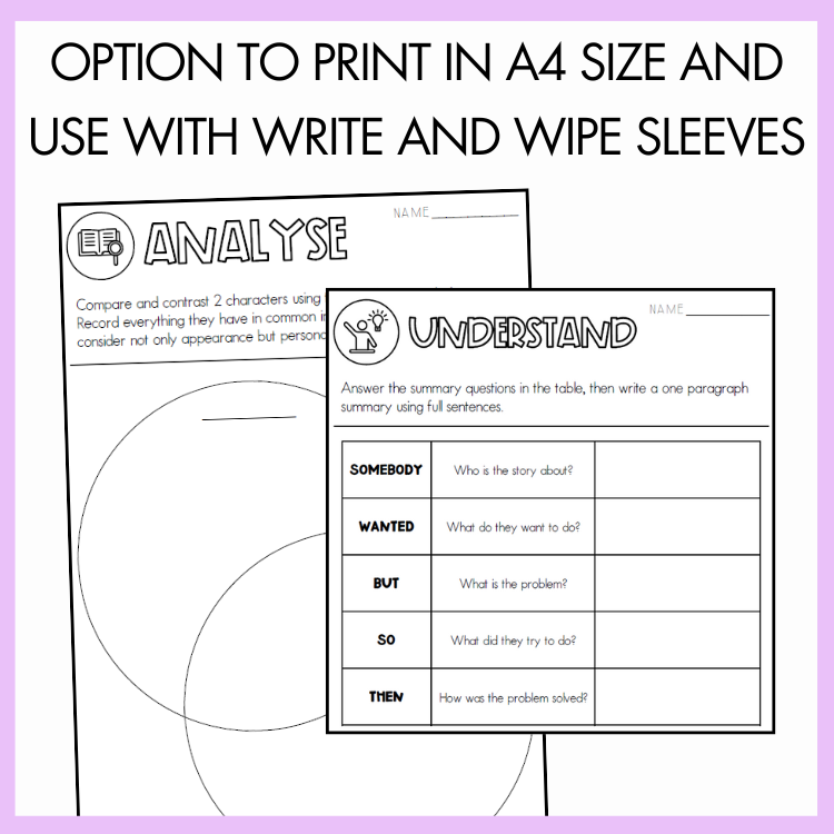 Educational worksheets titled 'analyse' and 'understand' and diagrams with text on top that reads 'Option to print in A4 size and use with write and wipe sleeves' on a light purple background.