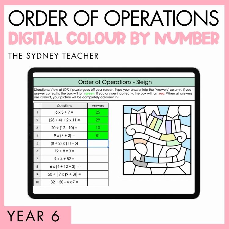 Digital color by number worksheet for Year 6 order of operations with a sleigh design for Christmas themed pack on light pink border, branded 'The Sydney Teacher'.