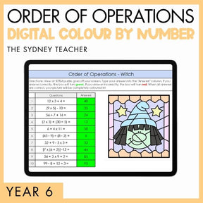 Digital color by number worksheet for Year 6 order of operations with a witch design for Halloween themed pack on yellow border, branded 'The Sydney Teacher'.