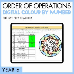 Digital color by number worksheet for Year 6 order of operations with a mandala design on light blue border, branded 'The Sydney Teacher'.