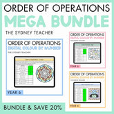 Promotional image for 'Order of Operations Mega Bundle' for Year 6 by The Sydney Teacher with three packs featuring digital coloring puzzle activities in mandala, christmas and halloween themes. Below is a light green banner with text 'Bundle and Save 20%'. 