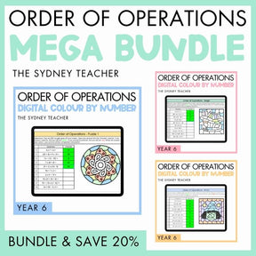 Promotional image for 'Order of Operations Mega Bundle' for Year 6 by The Sydney Teacher with three packs featuring digital coloring puzzle activities in mandala, christmas and halloween themes. Below is a light green banner with text 'Bundle and Save 20%'. 