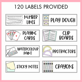 Set of labels for classroom supplies such as number lines, playing cards, play dough, clip boards, watercolor paint, protractors, sticky notes, and crayons on a pink background with text '120 labels provided'. 