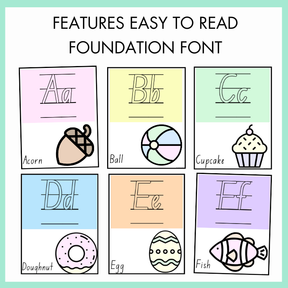 Foundation font characters Aa, Bb, Cc, Dd, Ee, and Ff with corresponding images Acorn, Ball, Cupcake, Doughnut, Egg, and Fish on a light green background with text 'Features Easy to Read Foundation Font'. 