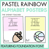 Pastel rainbow alphabet posters featuring letters A, for acorn, and B, for ball with 'The Sydney Teacher' branding and text 'featuring foundation font' on a light green background.