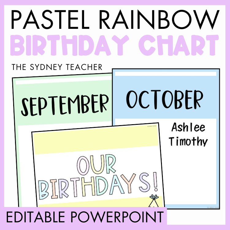 Pastel rainbow birthday chart by the Sydney Teacher with months 'September' and 'October' showing names with 'Our Birthdays' banner on a purple background with text overlay 'editable powerpoint'. 