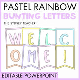 Pastel rainbow bunting letters spelling 'WELCOME!' on a purple background with 'The Sydney Teacher' branding with text that reads 'editable powerpoint'.