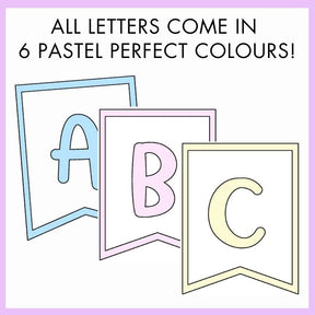 Pastel-colored letters A, B, and C on with text 'All Letters Come in 6 Pastel Perfect Colours!'