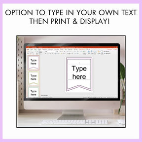 Computer screen showing powerpoint slide with text input area on a white background. Above the image, the text reads 'option to type in your own text then print and display!'