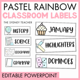 Pastel rainbow classroom labels by the Sydney Teacher with various subjects on a pink background and text 'Editable PowerPoint.'