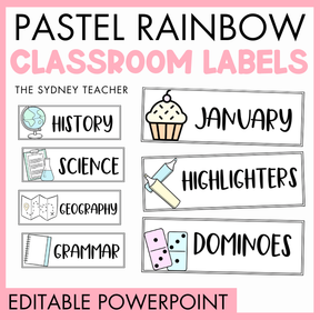 Pastel rainbow classroom labels by the Sydney Teacher with various subjects on a pink background and text 'Editable PowerPoint.'