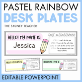 Pastel rainbow desk plates by the Sydney Teacher with name labels and self-assessment levels on a blue background with text 'editable powerpoint'.