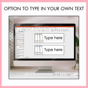 Computer screen with Powerpoint slide open on a desk, with text 'Type here' displayed. Above the image, the text reads 'Option to Type In Your Own Text.'