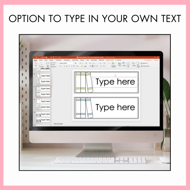 Computer screen with Powerpoint slide open on a desk, with text 'Type here' displayed. Above the image, the text reads 'Option to Type In Your Own Text.'