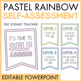 Pastel rainbow self-assessment banner set by the Sydney Teacher with four levels as well as 'It's Time to Self Assess' banner and 'editable powerpoint' text on a yellow background.