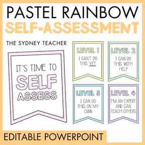 Pastel rainbow self-assessment banner set by the Sydney Teacher with four levels as well as 'It's Time to Self Assess' banner and 'editable powerpoint' text on a yellow background.