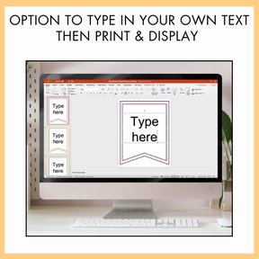 Computer screen with text input area on a white background showing an editable pink poster and on top of the image, the text reads 'option to type in your own text then print and display.'