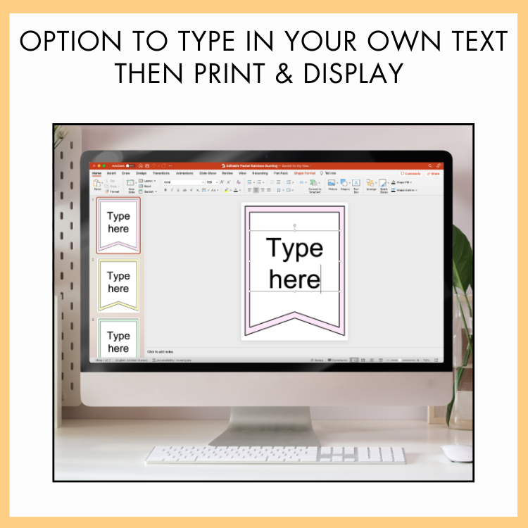 Computer screen with text input area on a white background showing an editable pink poster and on top of the image, the text reads 'option to type in your own text then print and display.'