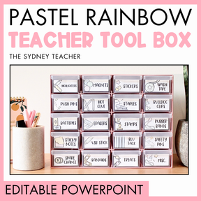 Pastel rainbow teacher toolbox by The Sydney Teacher with labeled compartments such as highlighters, push pins, batteries, sticky notes, spare change, and others on a pink background with text 'Editable PowerPoint below'. 
