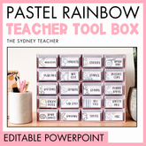 Pastel rainbow teacher toolbox by the Sydney Teacher with labeled compartments on a pink background and text below the image that reads 'editable powerpoint'.